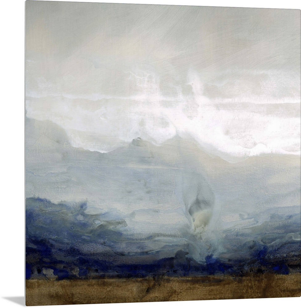 Contemporary painting of a misty landscape with shapes of mountains in the distance.