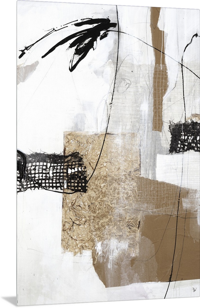 This vertical collage contains abstract elements that looks like different types of weaved fabric in black and brown.