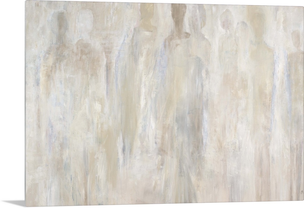 Abstract painting of many human silhouettes that almost fade into the background of light, neutral tones.