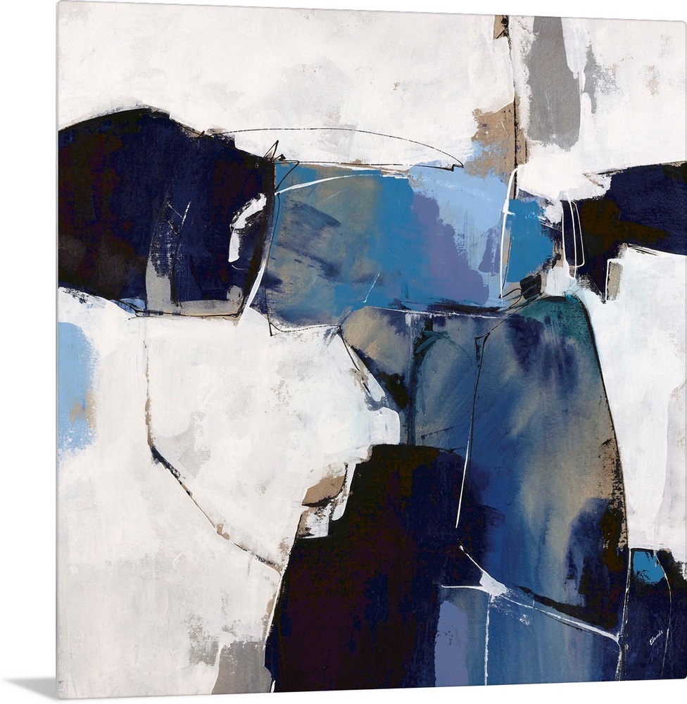 A bold, contemporary abstract in shades of blue and navy on an off-white background. Touches of bronze add a metallic edge...