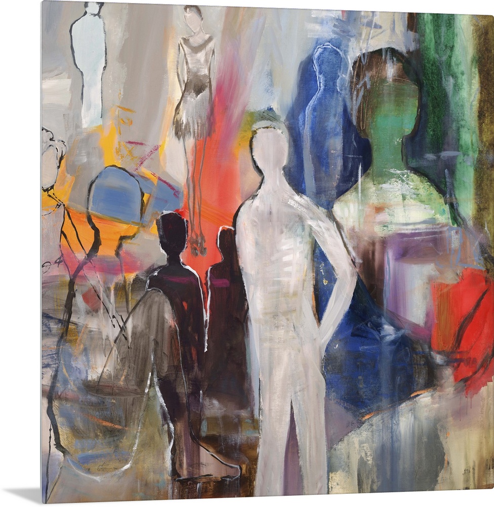 Semi-abstract artwork with several figures in varying size and color.