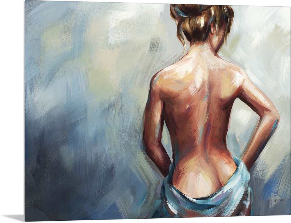 Contemporary artwork drawn of a woman's backside as she drapes a cloth just below her waist.
