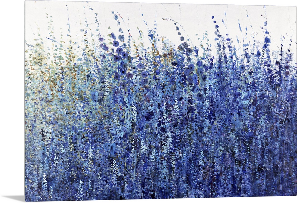 A thick mass of tall wildflowers and grasses in shades of blue and indigo against a white background. Painted in a casual,...