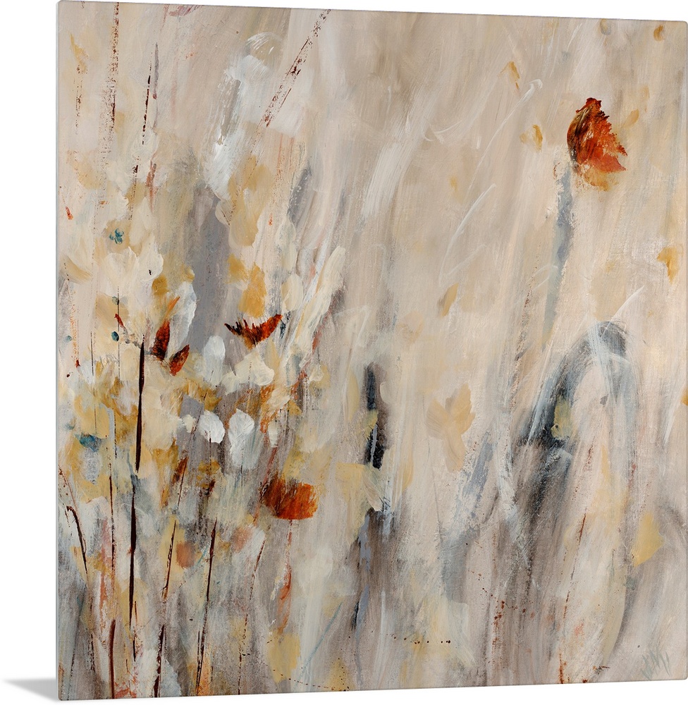 Vertical wall art that gives the impression of flowers and plants in a square abstract painting made with neutral and eart...