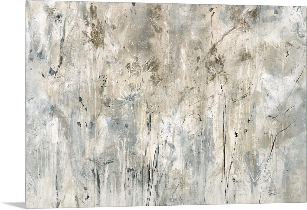 Neutral toned painting with faint abstract flowers spread out across the canvas.