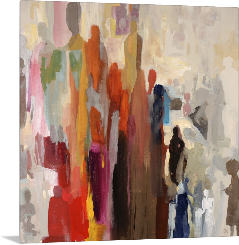 Abstract painting of large cluster of human silhouettes in various sizes and colors, occasionally overlapping, melding tog...