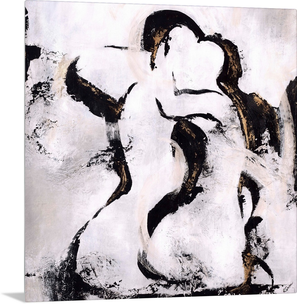 Abstract painting using harsh black paint strokes in contrast with the light background bringing shape to what appears to ...