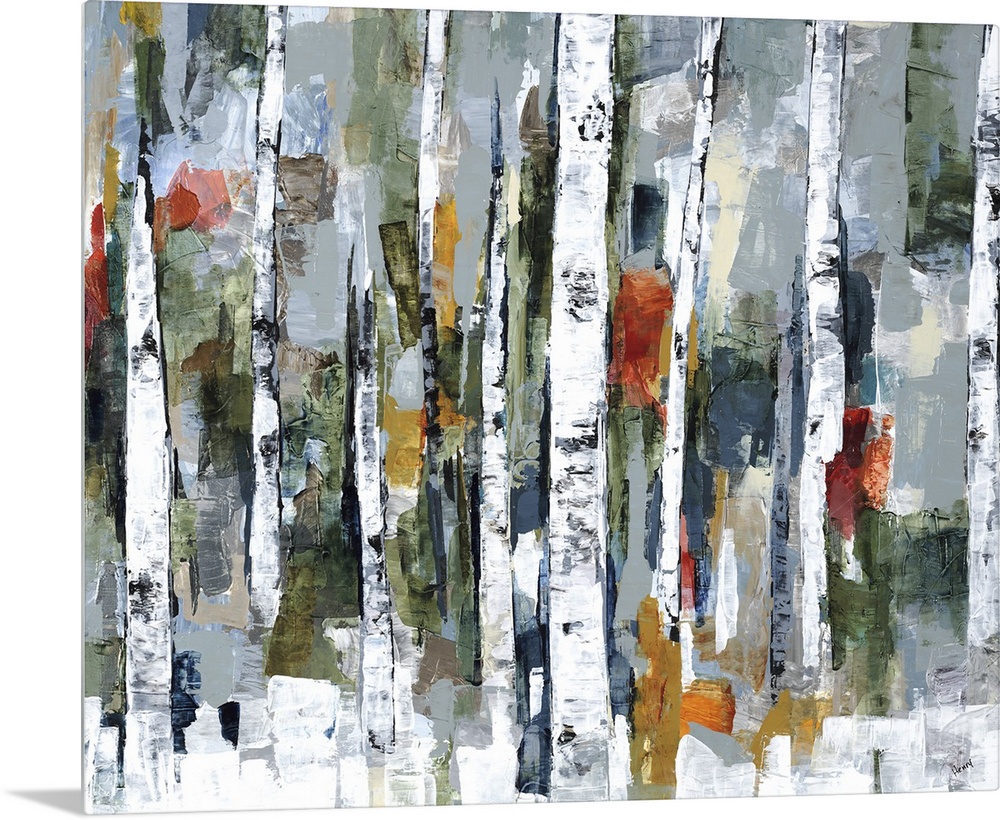 Large abstract painting of a wooded forest of colorful fall leaves.