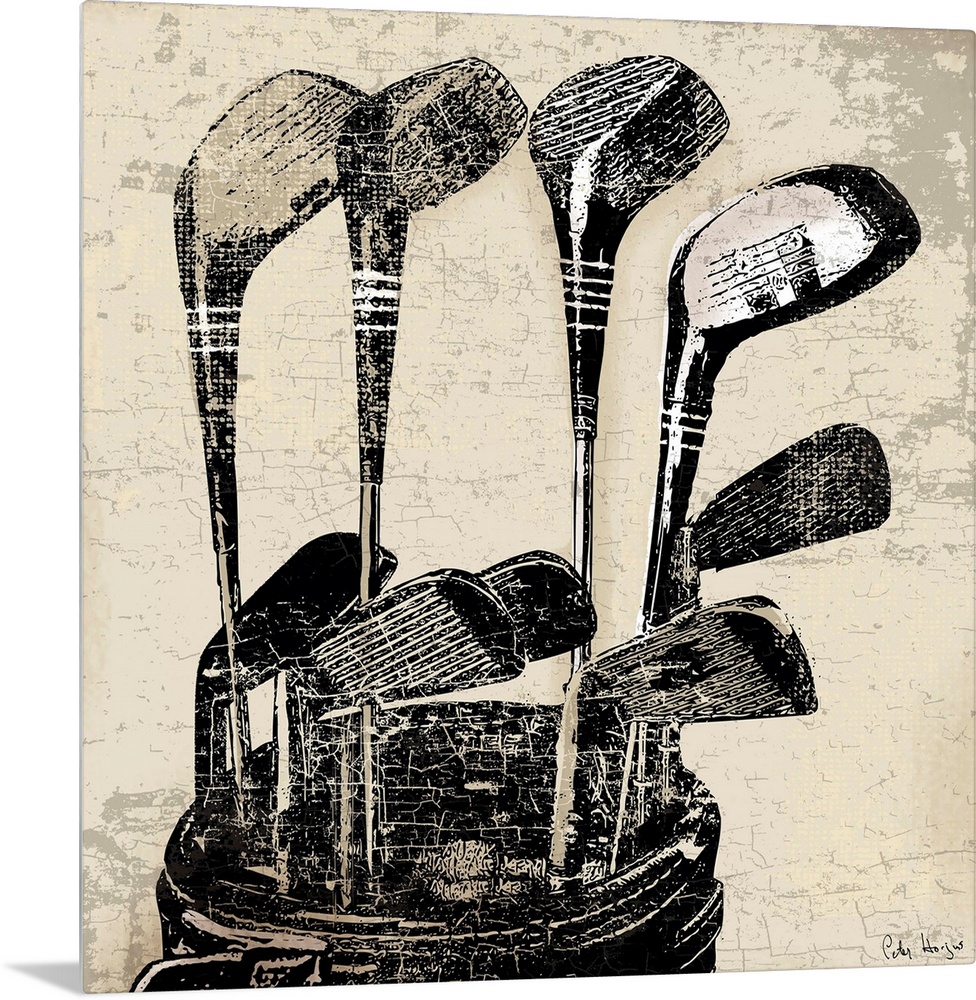 Vintage style wall art of an old distressed golf clubs on tan and sepia background.