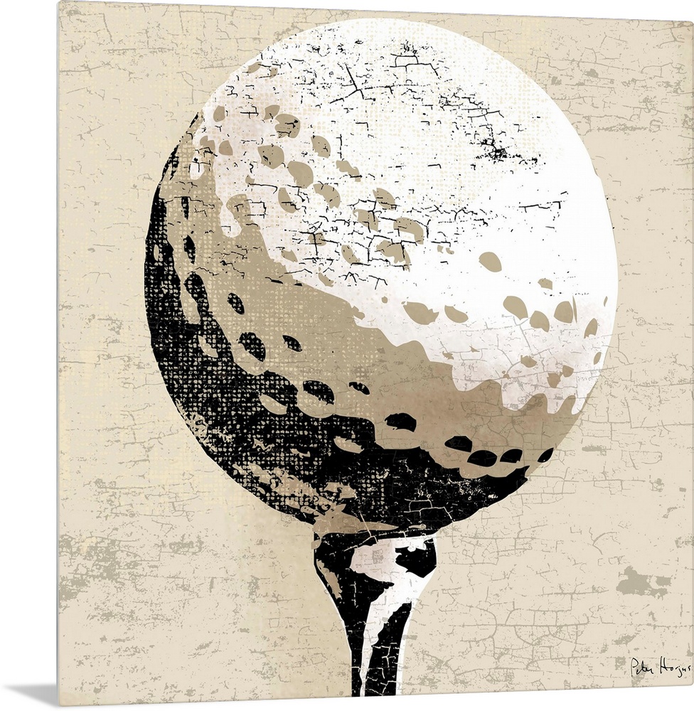 Vintage style wall art of an old distressed golfball on tan and sepia background.