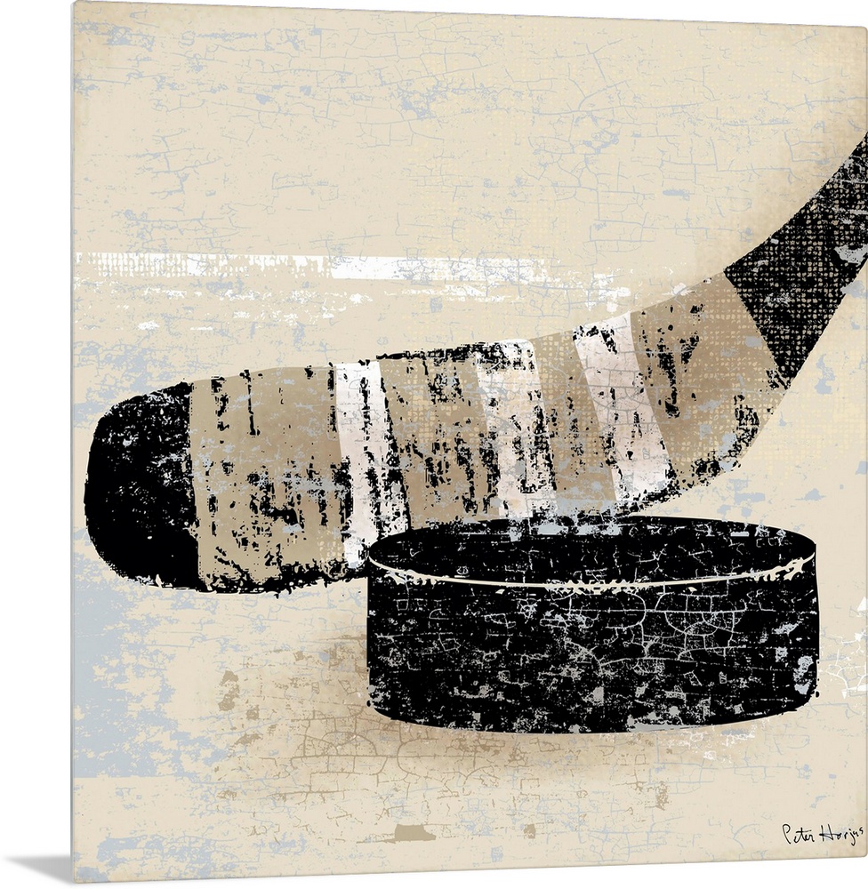 Vintage style wall art of an old distressed hockey stick and puck on tan and sepia background.