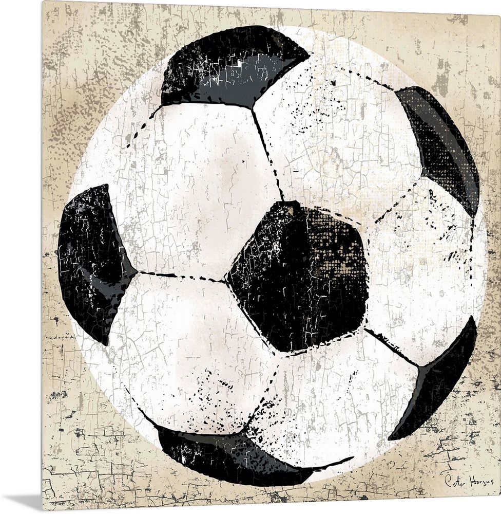 Vintage style wall art of an old distressed soccer ball on tan and sepia background.