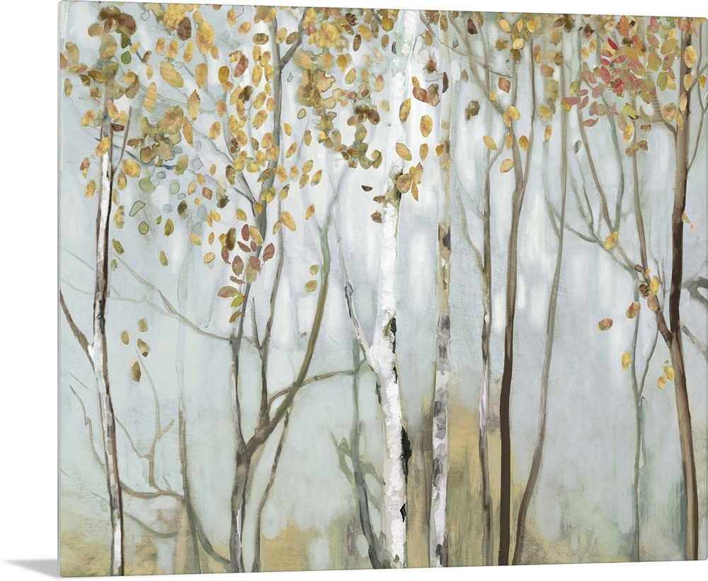 Large landscape painting of birch trees in the woods with gold and red leaves.