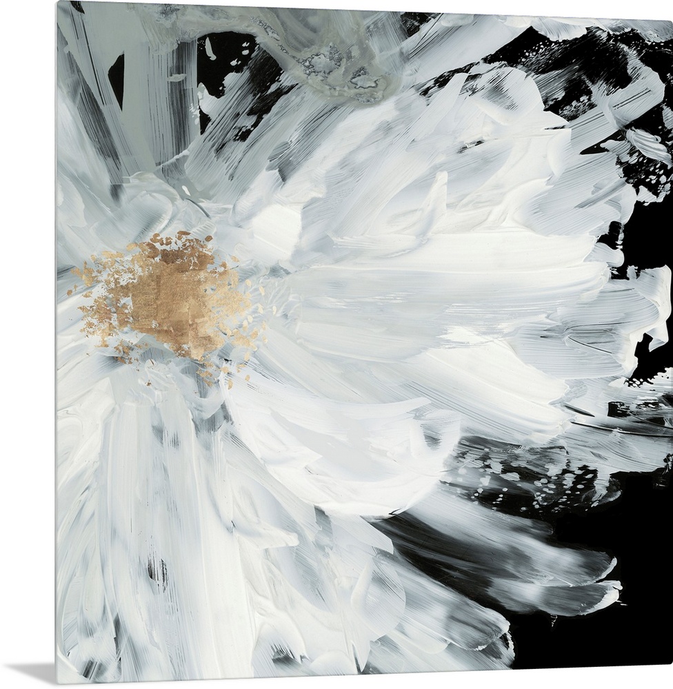 Decorative artwork with a large white peony on a dark black background.