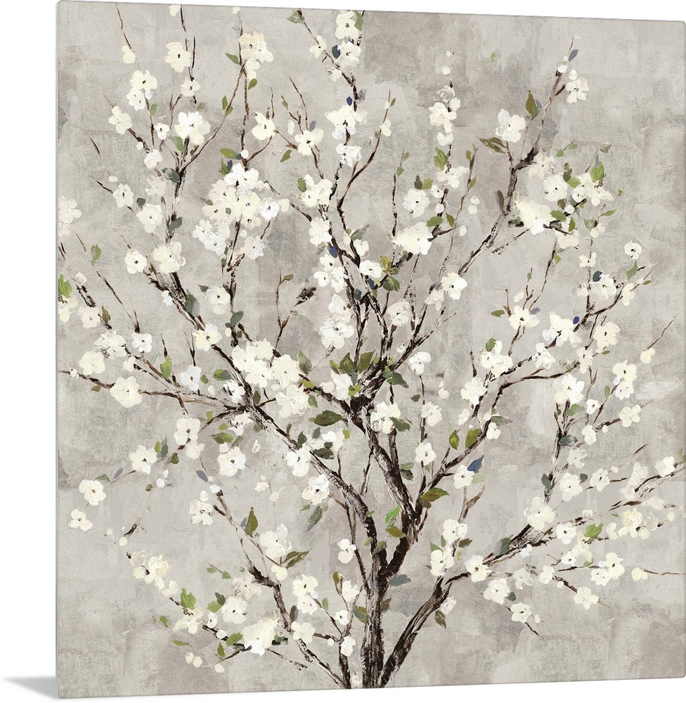 Square painting of a tree with white blossoms all over on a gray background.