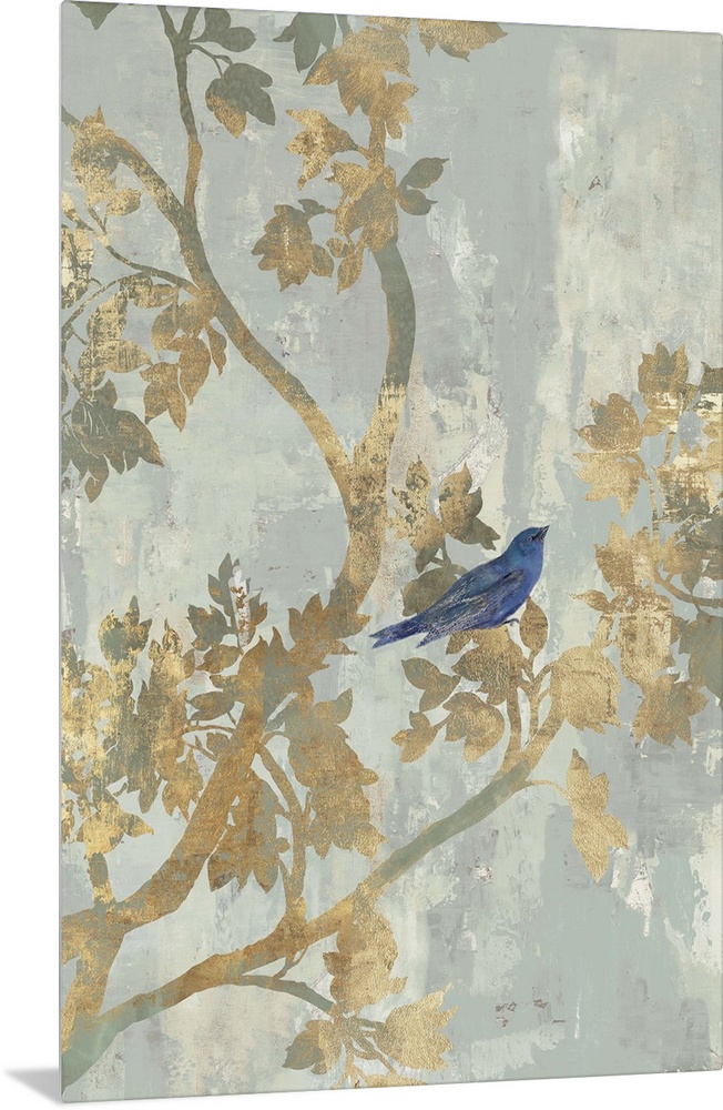 A small blue bird perched on golden branches.