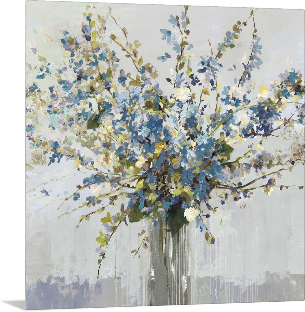 Contemporary artwork of a vase full of blue and white flowers.