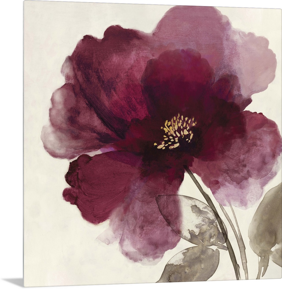 Square watercolor painting of a blooming peony with deep red petals on a beige background.