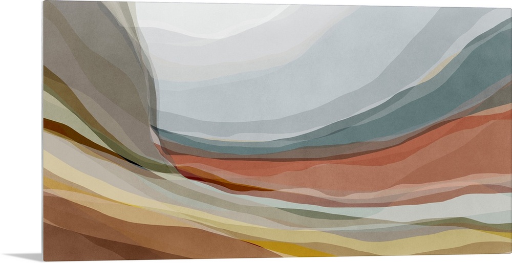 An organic, contemporary abstract art piece with curving layers of overlapping muted colors that look like rock strata und...