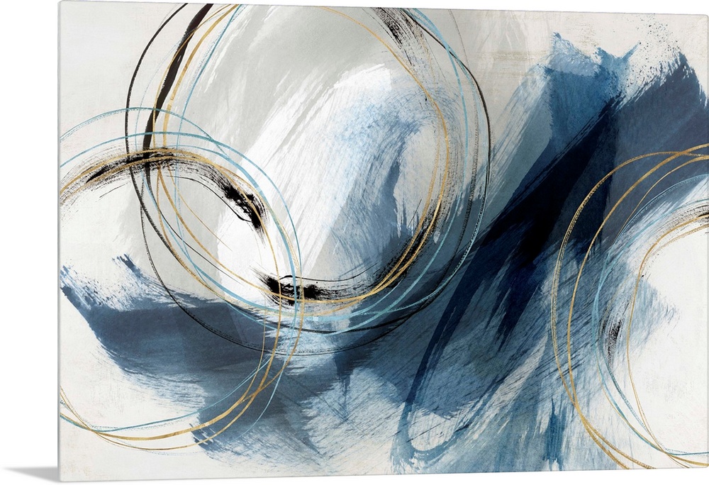 Abstract painting with large blue brushstrokes and circular lines accented with gold.