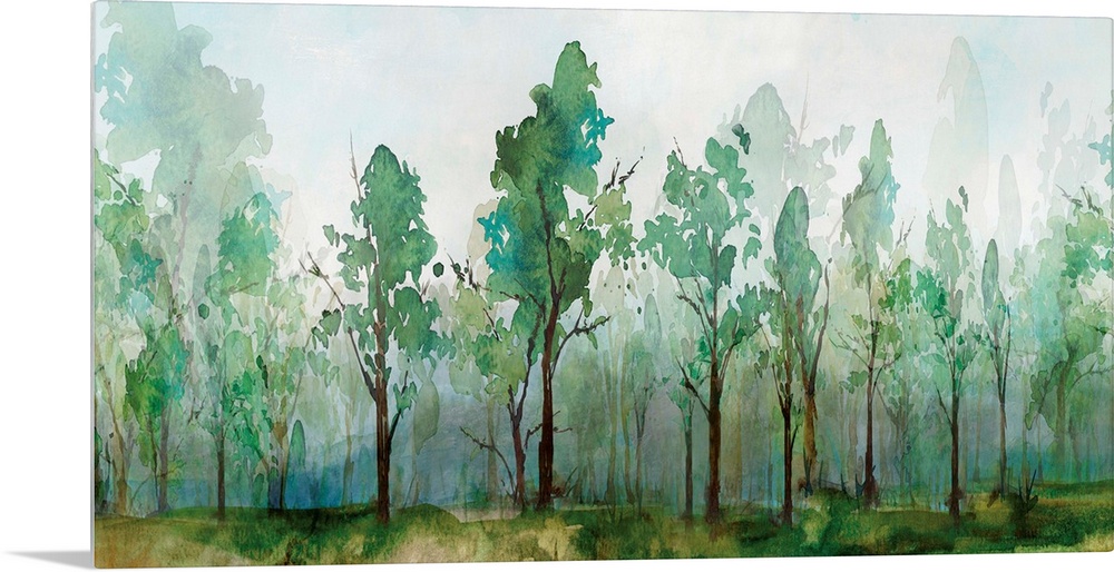 Contemporary watercolor painting of rows of trees with faded trees in the background.