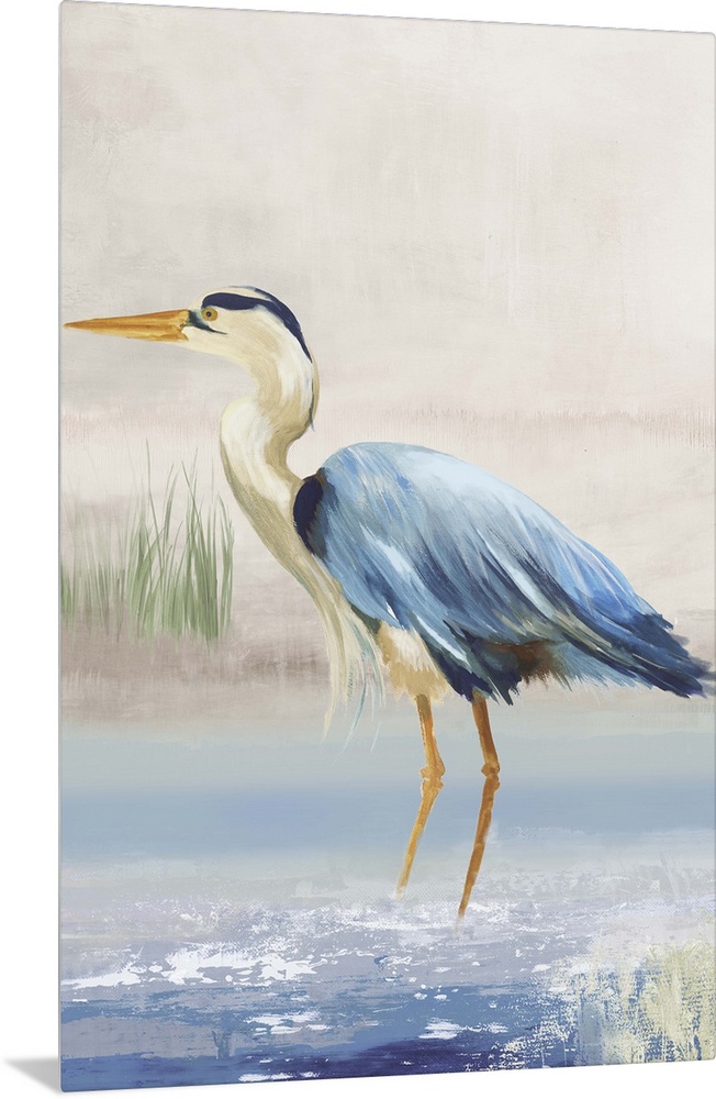 Contemporary artwork of a great blue heron standing in shallow water.