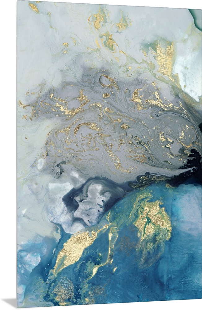 Abstract painting in blue and gold, resembling swirling waves.