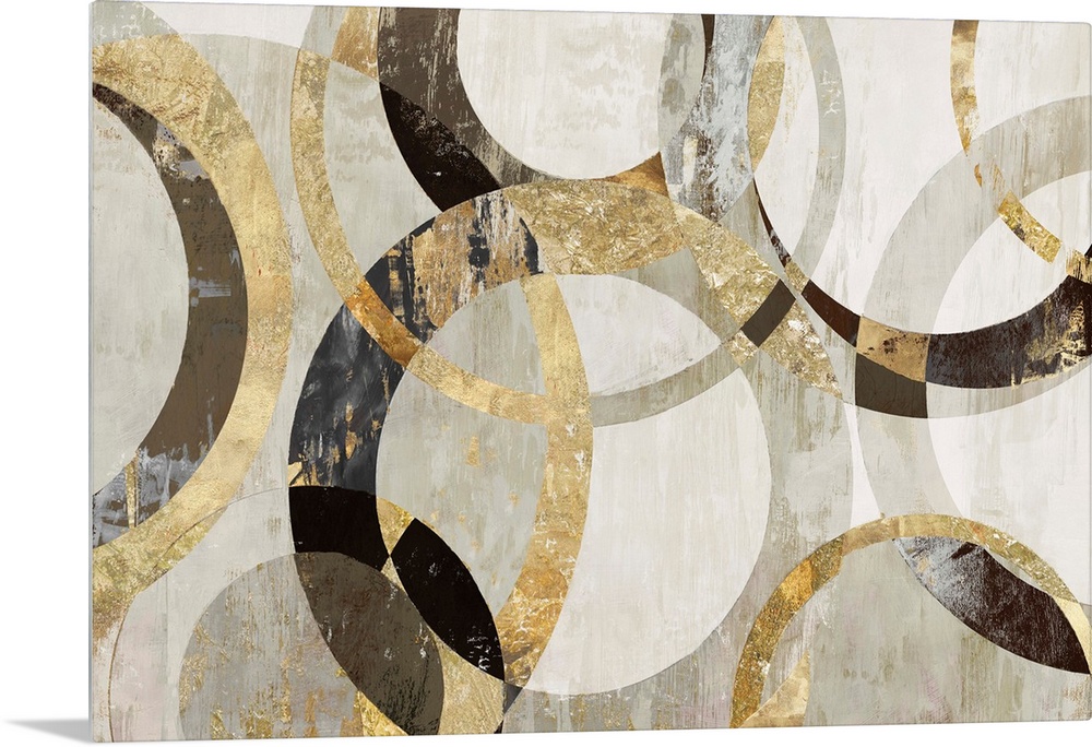 Geometric abstract artwork with circular rings in shades of brown, gold, and gray.