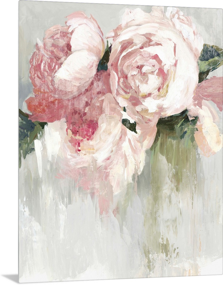 Contemporary painting of pink peonies with white highlights and green leaves.