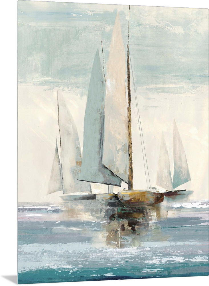 Painting of sailboats on the water in the morning.