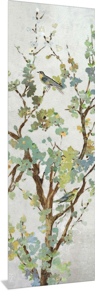 Tree branch with light green leaves on grey.