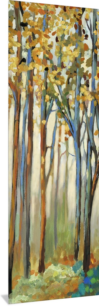 Contemporary painting of a forest with thin trees and autumn leaves.