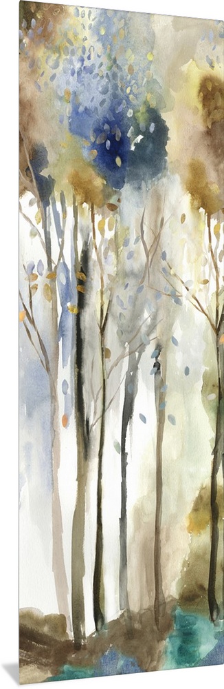 Watercolor artwork of a forest with tall, thin trees.