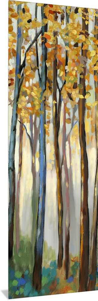 Contemporary painting of a forest with thin trees and autumn leaves.