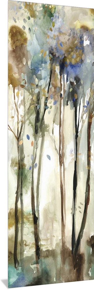 Watercolor artwork of a forest with tall, thin trees.