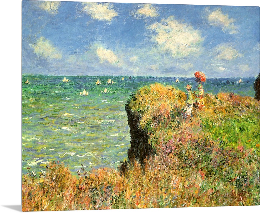 Painting of people on grassy cliff overlooking ocean full of sailboats under a cloudy sky.