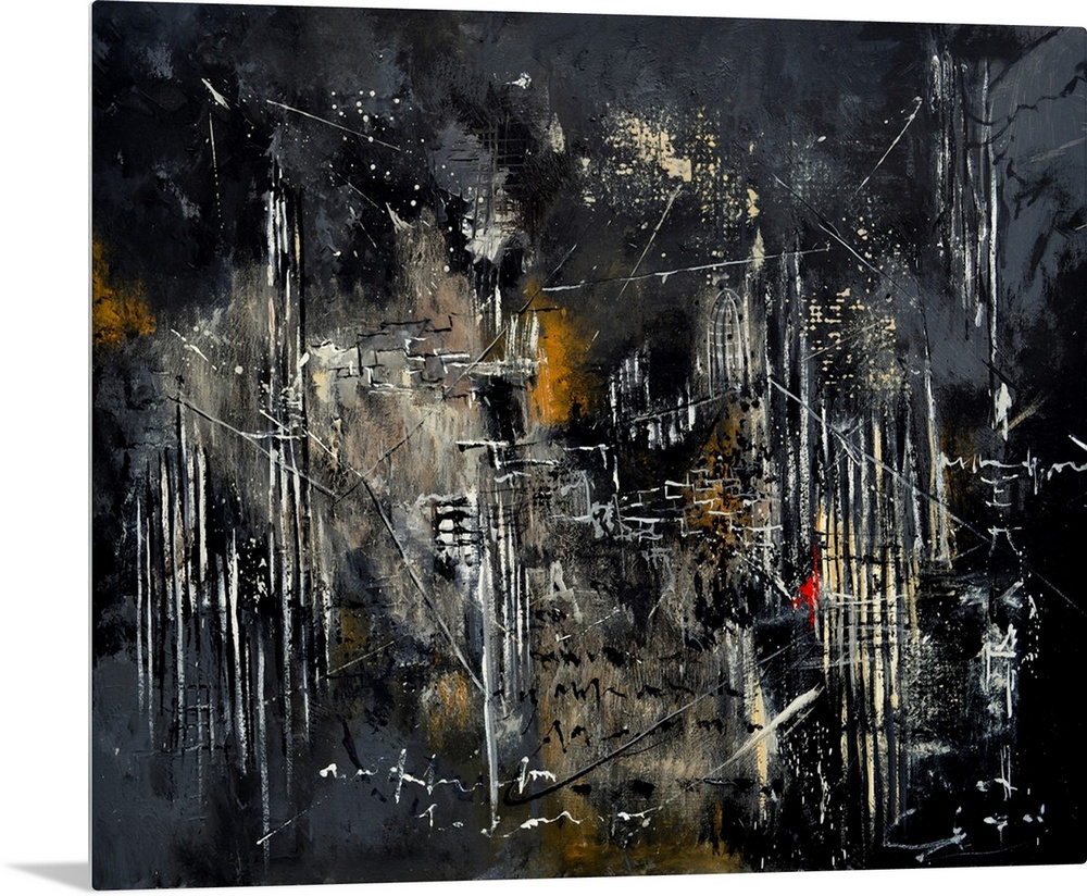 Abstract painting in dark shades of black, white and gray with splatters of paint overlapping and vertical lines.