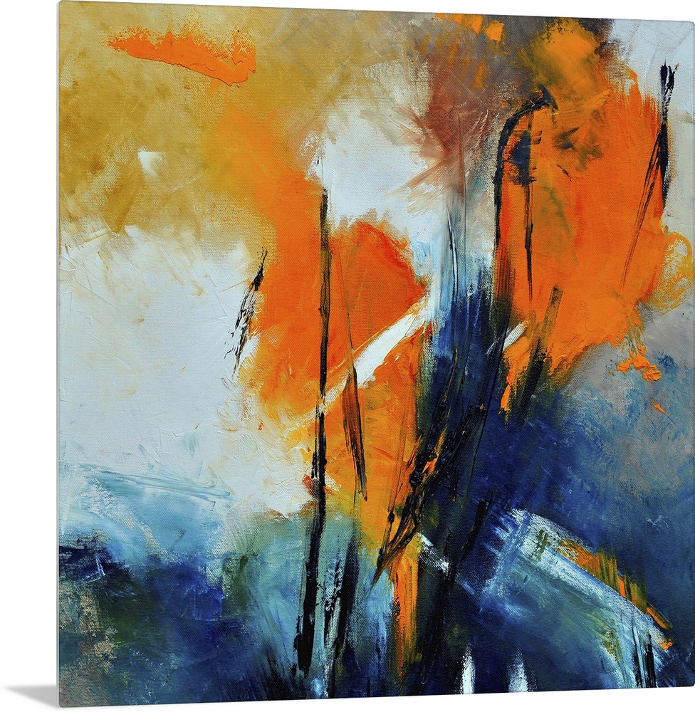 A square abstract painting with deep textured colors of orange and blue.