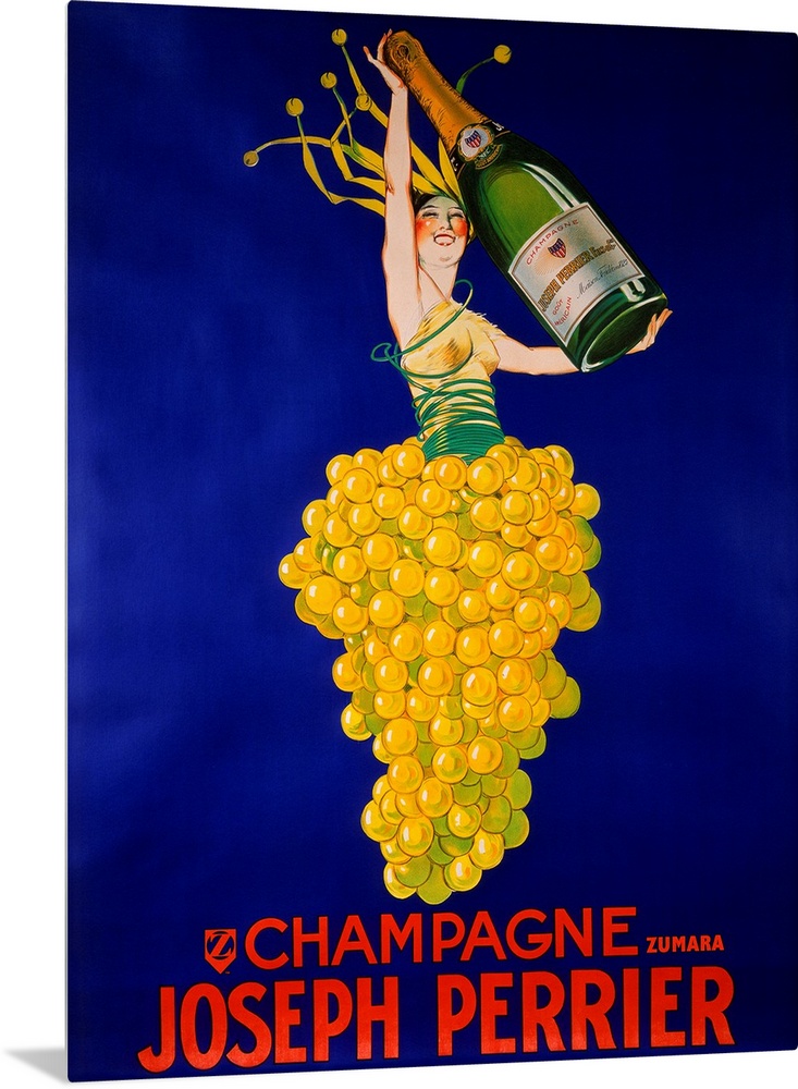 This large vintage poster shows a person in a bushel of grapes holding a large champagne bottle. Red text is printed below.