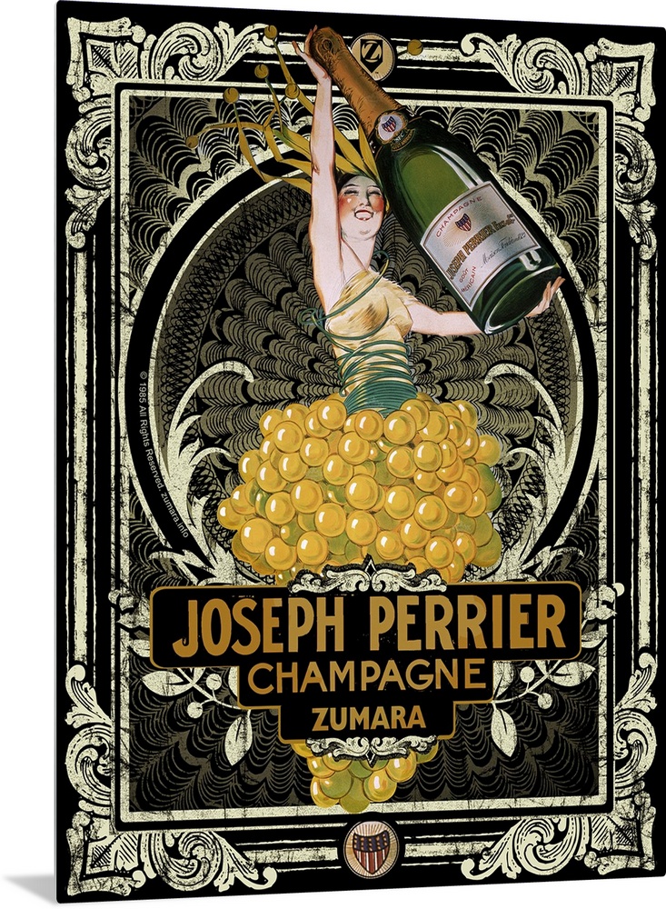 Vintage poster of a person holding up a life size bottle of champagne as they stand in a bushel of grapes.