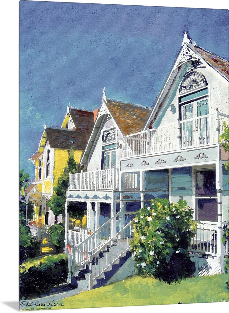 Historic sunlit Bankers Hill Victorian Cottages, near downtown San Diego, California, acrylic on canvas, painted by artist...