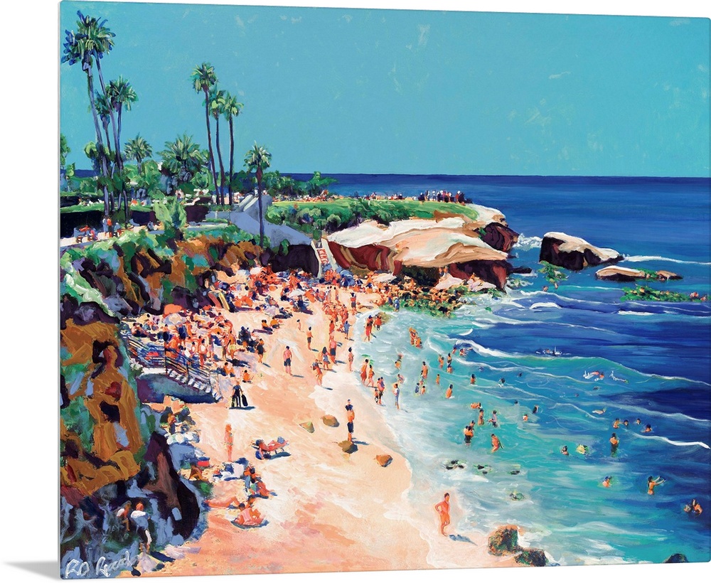 Painting of swimmers, surfers, snorkeling, and sun bathing at the world famous park and beach in La Jolla, San Diego.