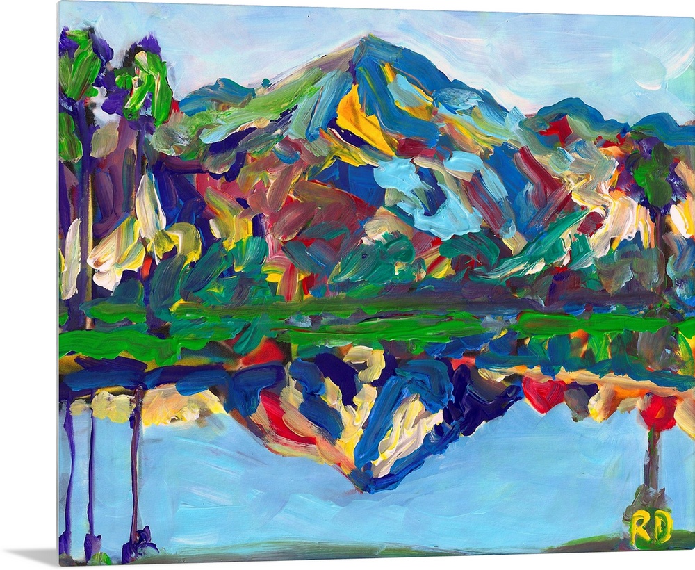 Palm Springs San Jacinto Reflection, abstract desert landscape painting by RD Riccoboni. Blues, greens, reds and yellows i...