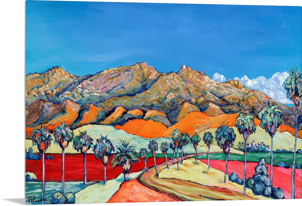 San Diego desert in exciting bright and bold colors. Blue skies and swaths of color, rugged mountains with a Palm tree lin...