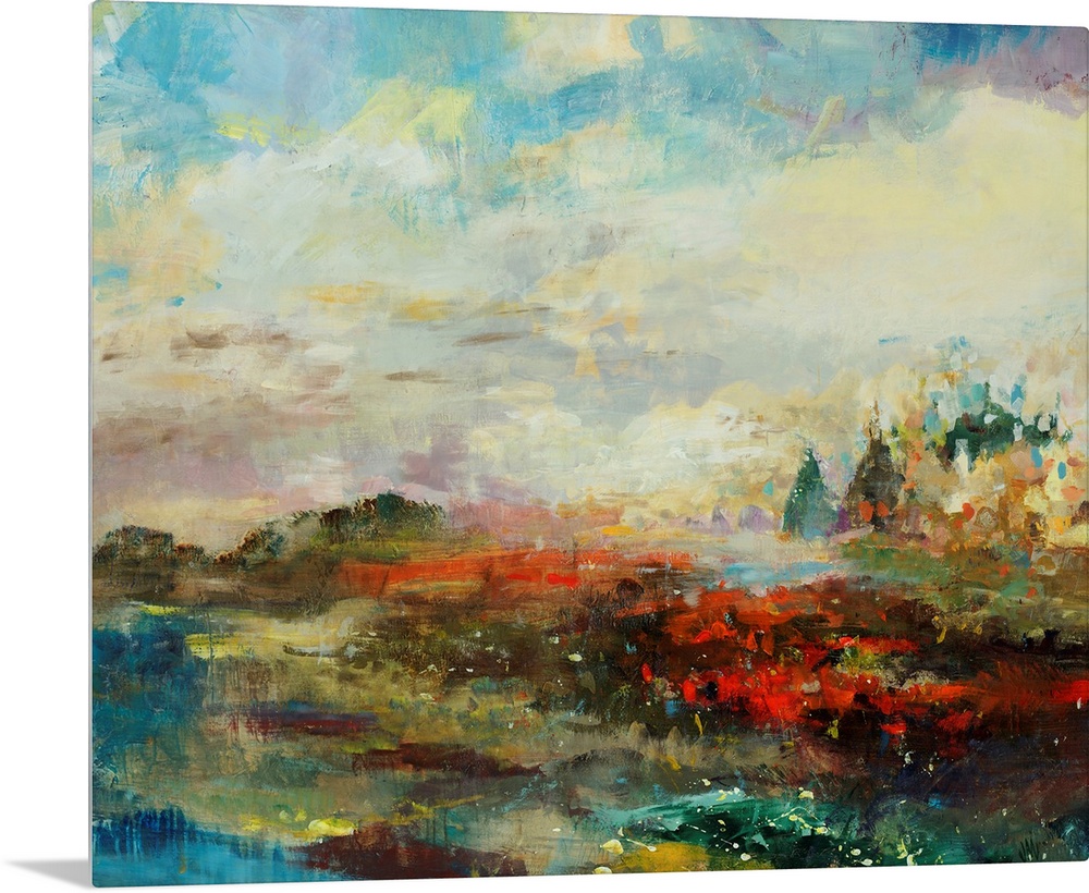 Abstracted landscape painting with a cityscape on the horizon.