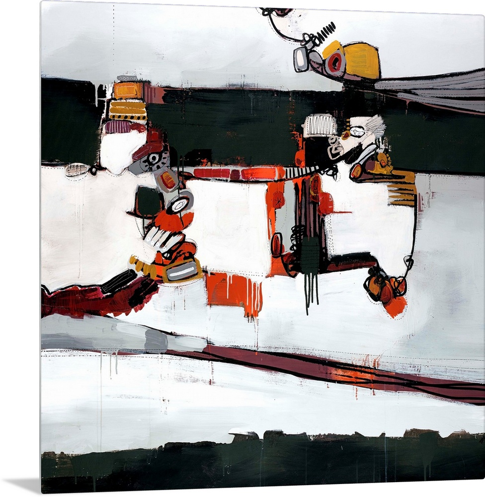 This square wall art contains abstract elements that look similar to mechanical parts of details from a circuit board.