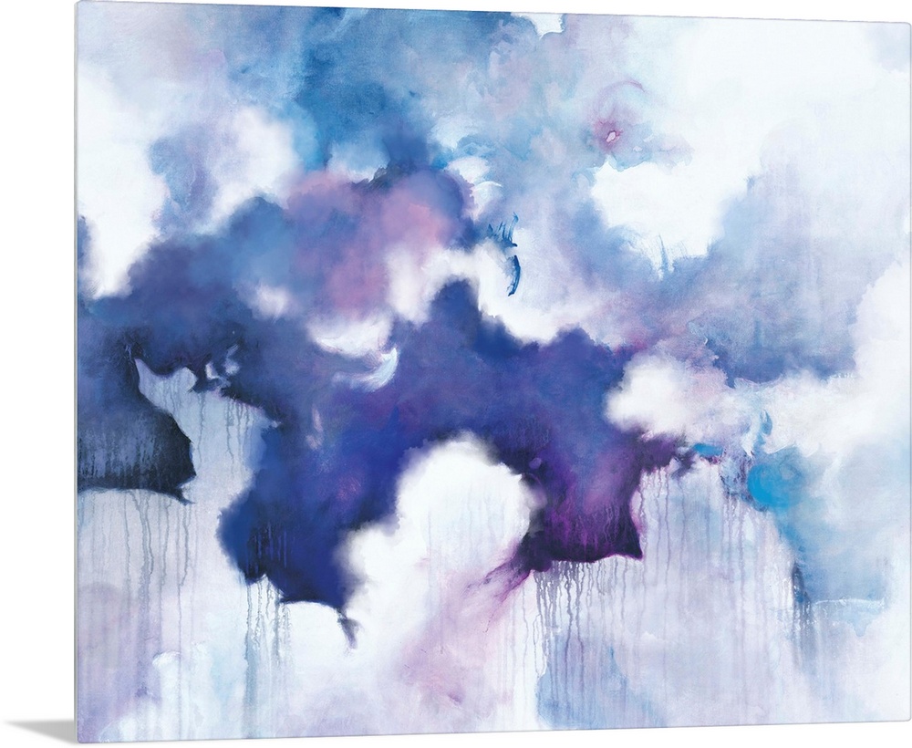 Abstract contemporary painting in blue and purple tones, resembling a cloudy sky.