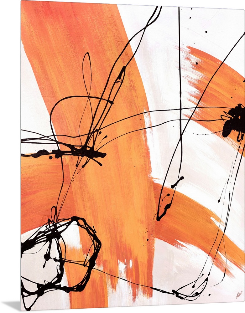 Abstract modern art featuring colored thick and thin line streaks on a neutral background.