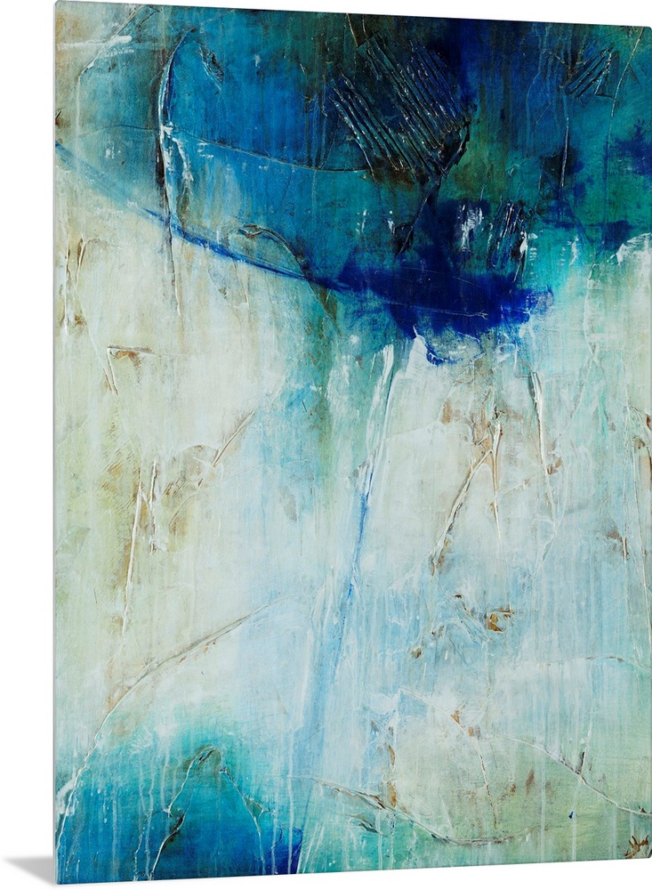 Abstract art of a large mass of cool colors at the top, with a single line of blue that leads downward toward a smaller ma...