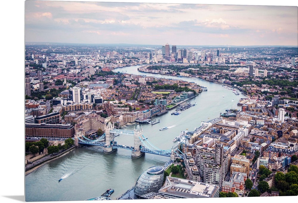 Aerial view of River Thames and Tower Bridge in London, England.